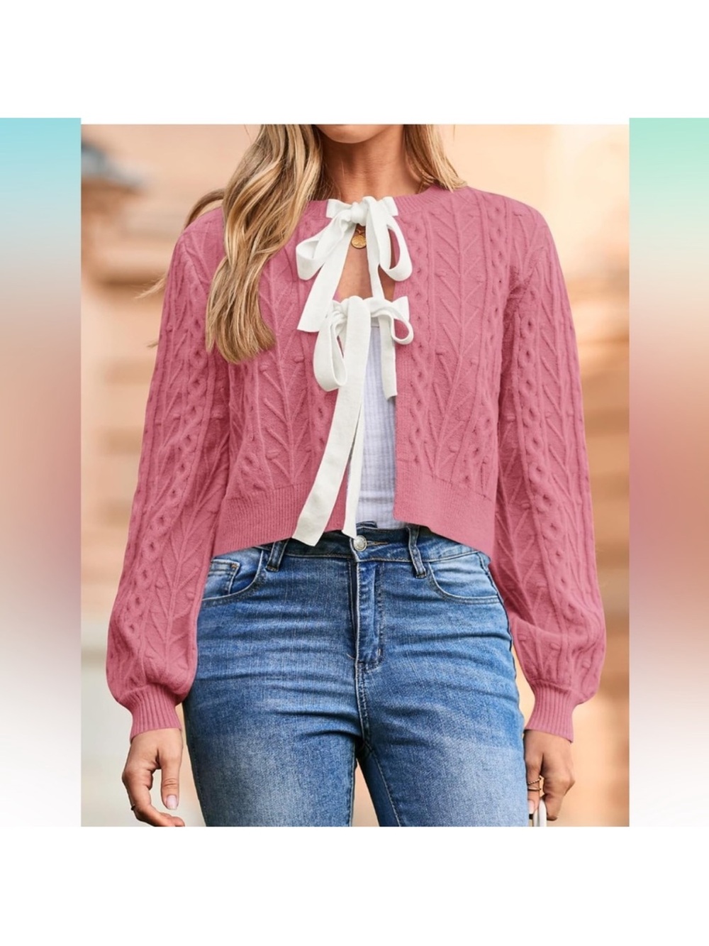 Pink Tie-Front Cable Knit Women's Sweater